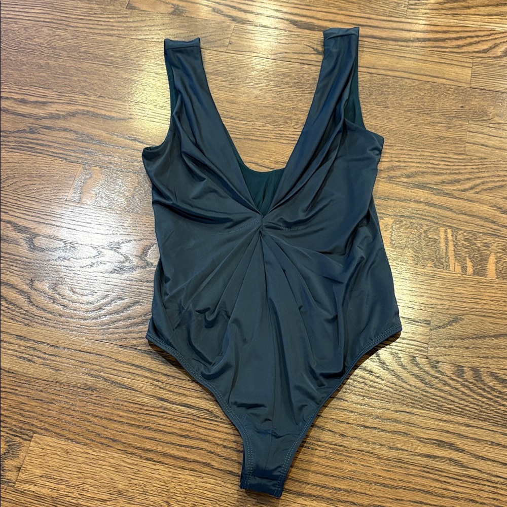 Free People ruched  deep neck hunter green bodysuit, s